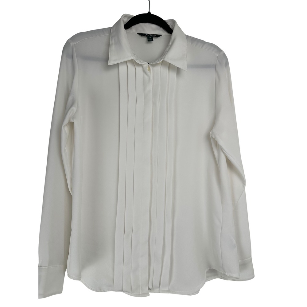 Lauren Ralph Lauren White Pleated Bib Tuxedo Blouse Long Sleeve Shirt Womens 10